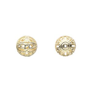 Bead, gold-plated brass, 10mm filigree round. Sold per pkg of 100.