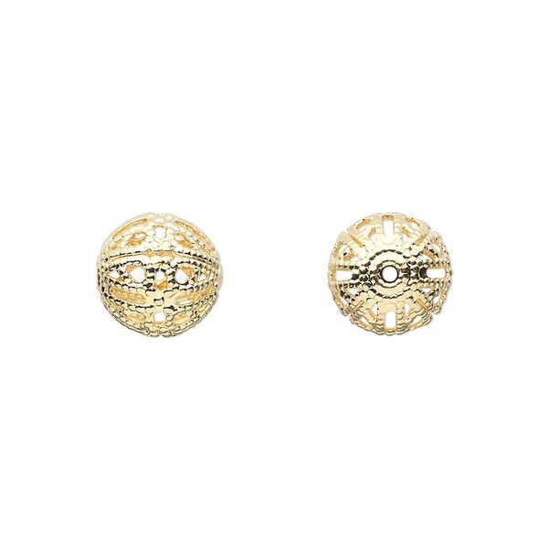 Bead, gold-plated brass, 10mm filigree round. Sold per pkg of 100. image number 0