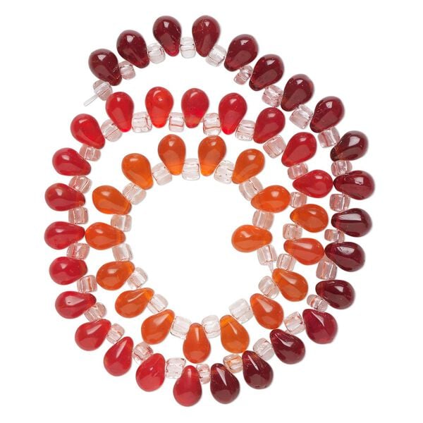 Bead, glass, transparent red, dark red and orange, 8x6mm top-drilled teardrop with irregular rondelles. Sold per 14-inch strand. image number 0