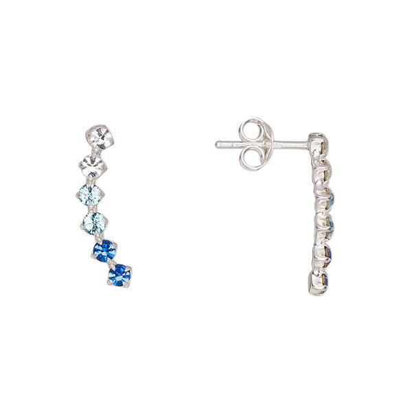 Earstud, Create Compliments®, sterling silver and glass rhinestone, clear / light blue / blue, 17x5mm left- and right-facing curve. Sold per pair. image number 0