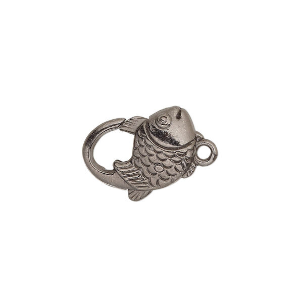 Clasp, lobster claw, gunmetal-plated "pewter" (zinc-based alloy), 16.5x12mm with double-sided fish design. Sold per pkg of 8. image number 0