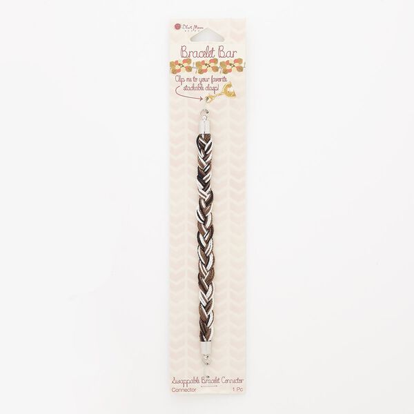Bracelet component, nylon / silver-finished "pewter" (zinc-based alloy) / steel, black / brown / white, 8mm braided, 6 inches. Sold individually. image number 0