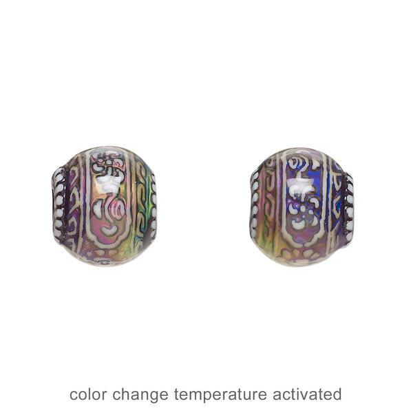 Bead, acrylic, multicolored, 13x11mm color-changing rondelle with fancy design. Sold per pkg of 2. image number 1