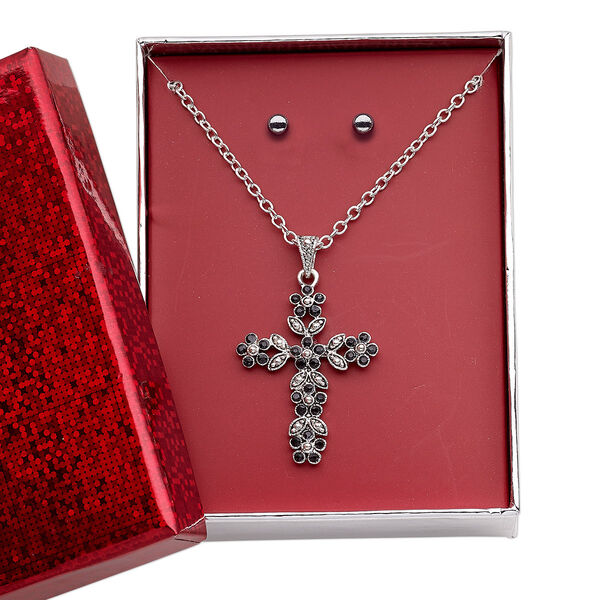 Necklace and earring set, glass rhinestone / silver-finished brass / steel / "pewter" (zinc-based alloy), black, 31x25mm fancy cross, 15" to 16" necklace with 3-inch extender chain and lobster claw clasp, 5mm round with post. Sold per set. image number 0
