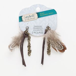 Focal, feather / leather (dyed) / antiqued brass-finished steel, brown, 66x10mm. Sold per pkg of 2.