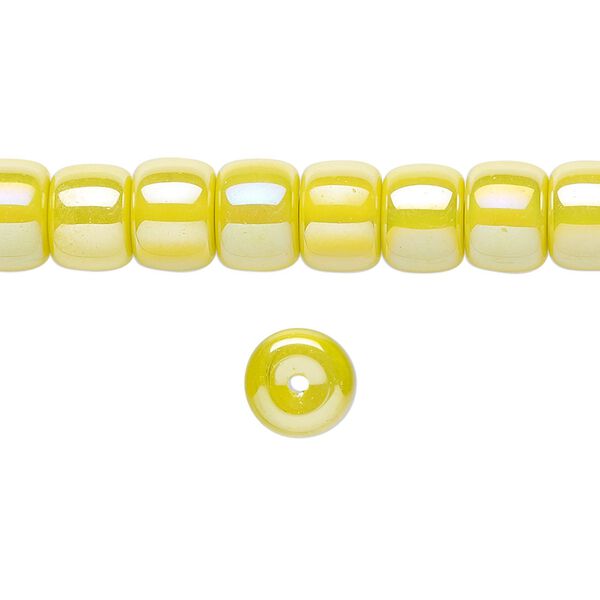 Bead, glass, opaque yellow rainbow, 8x6mm barrel. Sold per 15-1/2 to 16-inch strand. image number 0