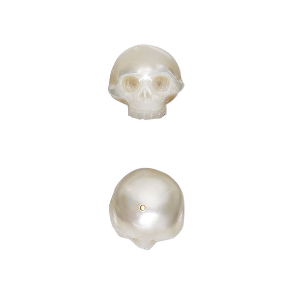 Bead, cultured freshwater pearl shell (natural), 10x9mm - 12x11mm hand-carved 3D half skull, Mohs hardness 3-1/2. Sold individually. image number 0