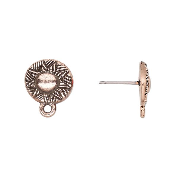 Earstud 1pkg2 TierraCast® pewter (tin-based alloy) / titanium, 12mm woven round / closed loop / rhythm theme, antiqued copper-plated 1 pair image number 0