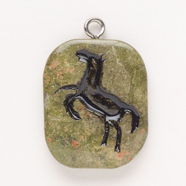 Focal, steel/unakite (natural)/enamel, pkg/1, silver finish and black, 30x24mm-39x27mm puffed freeform with horse. image number 0