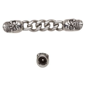 Focal, antiqued stainless steel, 60x9mm with 15x9mm skull and 9mm curb chain with 2 glue-in cord ends, 3.5mm inside diameter. Sold individually.
