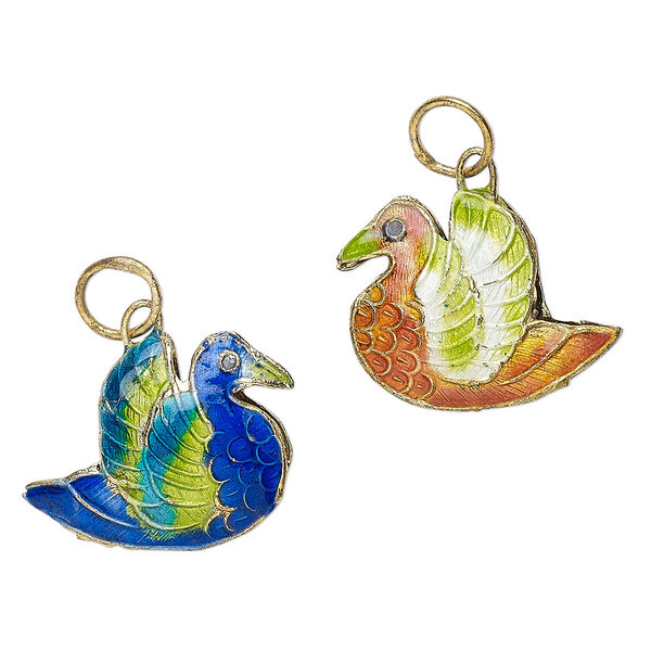 Charm mix, cloisonné, enamel and gold-finished copper, multicolored, 26x20mm double-sided puffed duck. Sold per pkg of 2. image number 0