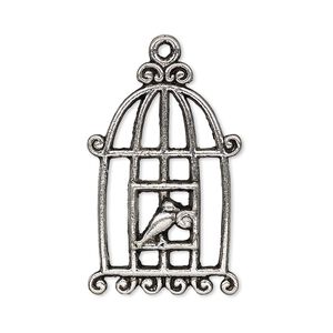 Focal, antique silver-plated "pewter" (zinc-based alloy), 30.5x20mm single-sided bird in cage. Sold per pkg of 4.
