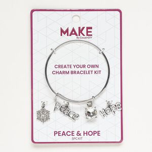 Bracelet and charm assortment, antique silver-finished brass / glass / fabric, clear AB, Peace & Hope theme, 7-1/2 inches. Sold per 5-piece set.
