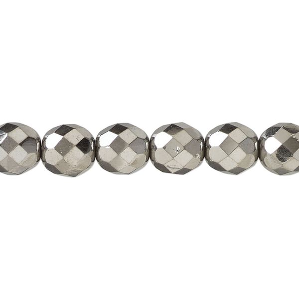 Bead, fire-polished, metallic grey glass, opaque clear, 8mm faceted round. Sold per 15-1/2 to 16-inch strand. image number 0