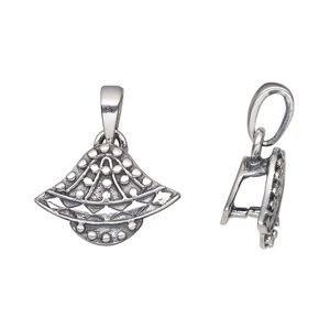 Bail, ice-pick, antiqued sterling silver, 16.5x11.5mm single-sided beaded fan, 4.5mm grip length. Sold individually.