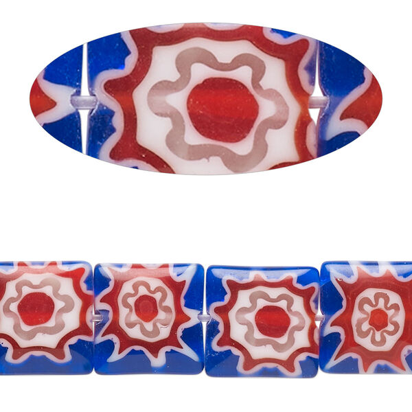 Bead, millefiori glass, translucent blue / red / white, 11mm-13x12mm puffed square with flower and sunburst design. Sold per 14-inch strand. image number 0