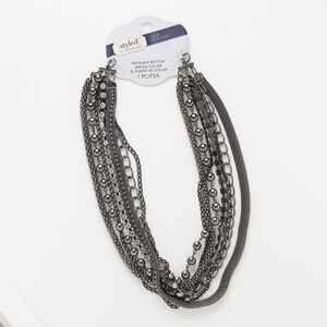 Necklace component, 7-strand, glass rhinestone / gunmetal-coated plastic / gunmetal-finished steel / "pewter" (zinc-based alloy), clear, 18 inches. Sold individually.