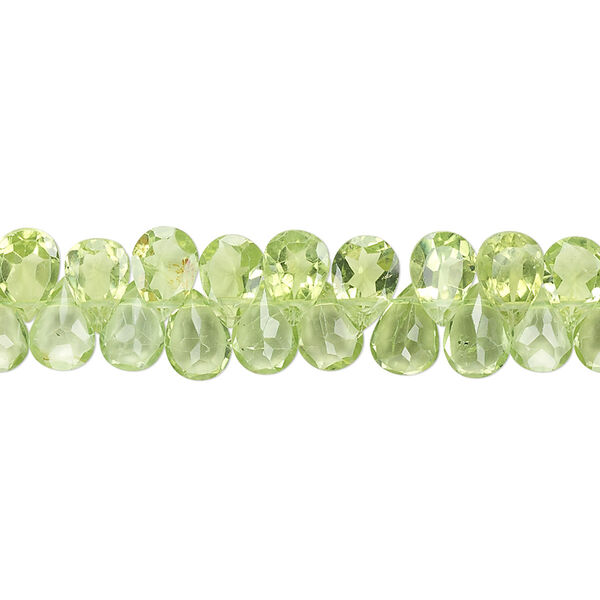 Bead, peridot (natural), 7x5mm hand-cut top-drilled faceted puffed teardrop, B- grade, Mohs hardness 6-1/2 to 7. Sold per 8-inch strand, approximately 70 beads. image number 0