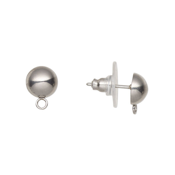 Earstud, stainless steel, 8mm half-ball with open loop. Sold per pkg of 5 pairs. image number 0