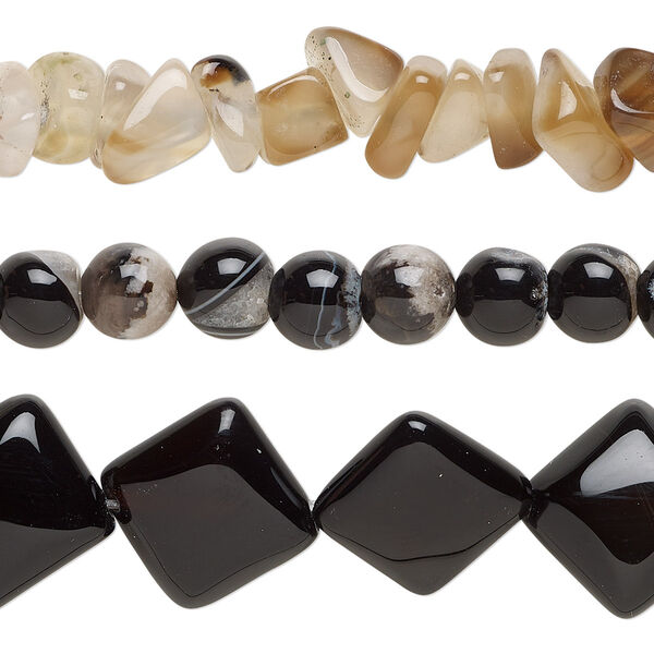 Bead mix, black agate (dyed), 7x2mm-17mm mixed shapes with 0.4-1.4mm hole, C grade, Mohs hardness 6-1/2 to 7. Sold per pkg of (3) 15-inch strands. image number 0