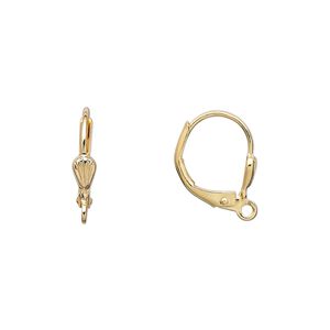 Ear wire leverback 1pkg10 gold-plated, 15mm / 6x3mm shell / open loop, brass 5 pair