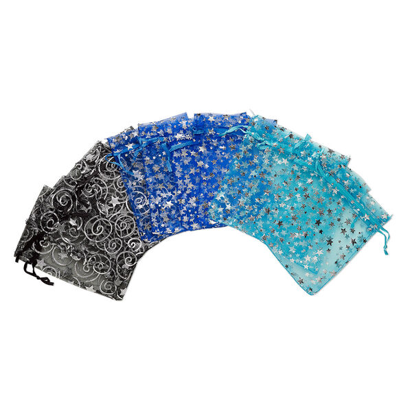 Pouch, organza, assorted colors, 4-1/2 x 3-1/4 inches with silver star pattern and drawstring closure. Sold per pkg of 12. image number 0