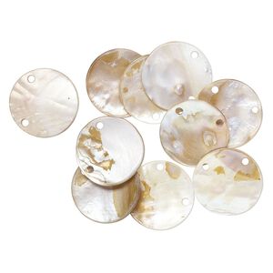 Focal, mother-of-pearl shell (natural), 39mm round with 2 holes, Mohs hardness 3-1/2. Sold per pkg of 10.