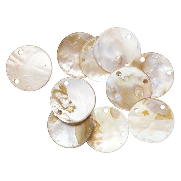 Focal, mother-of-pearl shell (natural), 39mm round with 2 holes, Mohs hardness 3-1/2. Sold per pkg of 10. image number 0