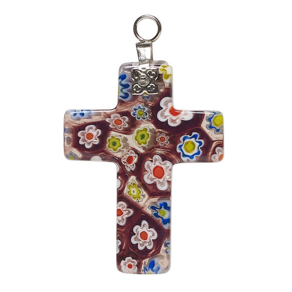 Focal, millefiori glass and silver-finished steel 1pkg1, opaque and translucent purple and multicolored, 30x23mm-32x24mm cross. image number 0