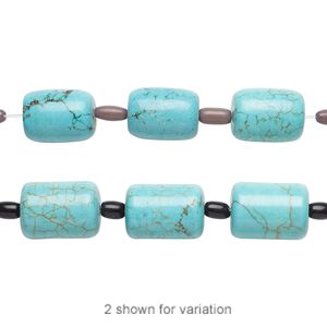 Bead mix, "turquoise" (imitation) resin and glass, light teal green and blue-green, 6x4mm-9x6mm barrel and 18x13mm-21x15mm round tube. Sold per pkg of 7.