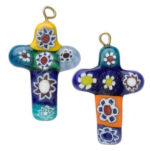 Focal, millefiori glass and antique gold-finished "pewter" (zinc-based alloy), multicolored, 35x20mm cross. Sold per pkg of 2.