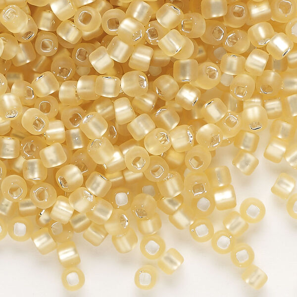 Seed bead, Dyna-Mites™, glass, silver-lined translucent matte light gold, #6 round with square hole. Sold per 40-gram pkg. image number 0