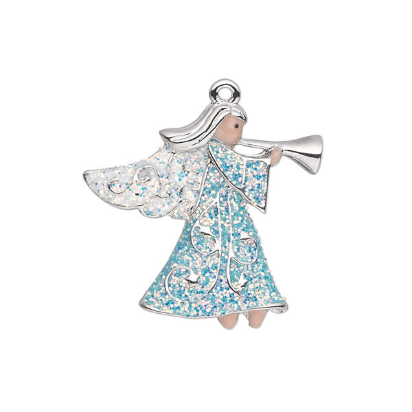 Charm, silver-plated "pewter" (zinc-based alloy) and enamel, blue / white / peach, 25x24mm single-sided angel with horn and glittery wings and robe. Sold individually. image number 0
