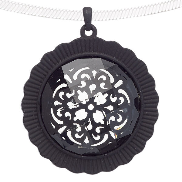 Pendant, acrylic and steel, black and clear, 55mm matte round with flower design. Sold individually. image number 0