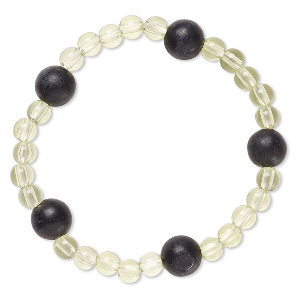 Bracelet, stretch, blackstone (dyed) and acrylic, light green, 5mm and 9-10mm round, 6 inches. Sold individually. image number 0
