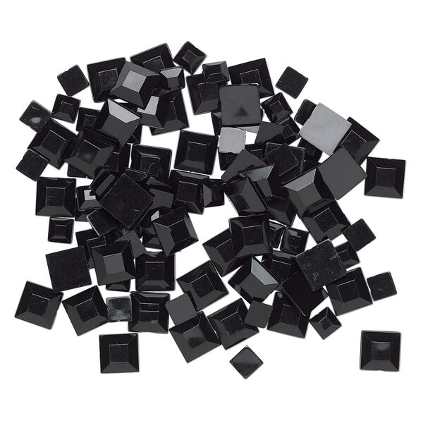 Flat back mix, acrylic, black, 6x6mm-10x10mm faceted square. Sold per pkg of 90. image number 1
