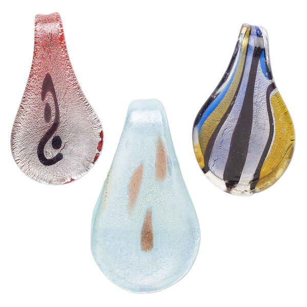 Random focal mix, lampworked glass, opaque and translucent mixed colors with silver-colored foil and copper-colored glitter, 55x26mm-68x39mm spoon. Sold per pkg of 3. image number 0