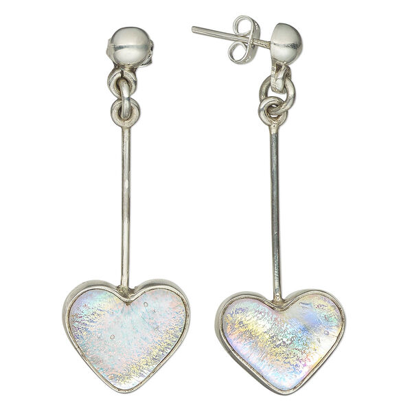 Sterling silver and dichroic heart shaped drop earrings, rainbow, 16x13mm, approx. 53mm long. Sold per pair. image number 0