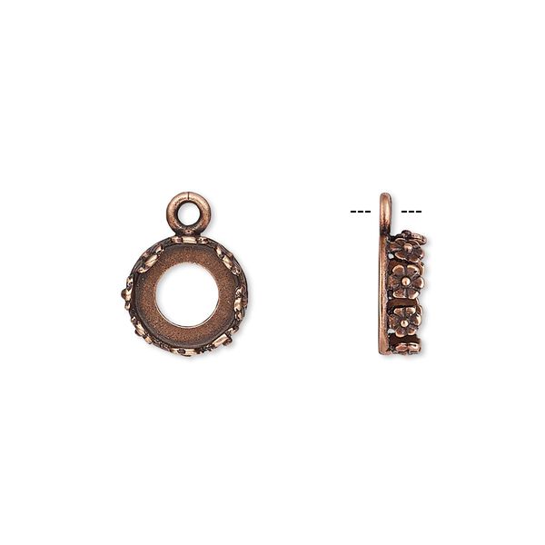 Drop, JBB Findings, antique copper-plated brass, 10mm round with open back and flower design trim, 8mm round bezel setting. Sold per pkg of 2. image number 0