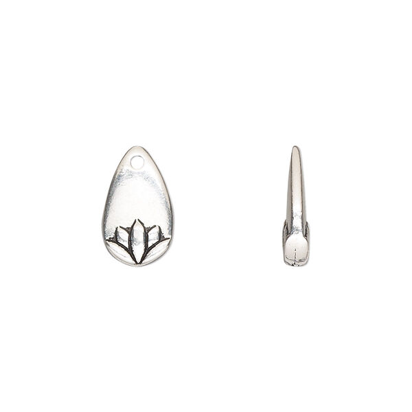 Charm, TierraCast®, "Happy Go Lucky" collection, antique silver-plated pewter (tin-based alloy), 13x8mm double-sided petal with lotus flower design. Sold per pkg of 2. image number 0