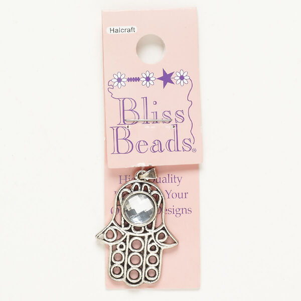 Pendant "pewter" zinc-based alloy steel acrylic 1pk 32x22mm Hamsa hand, antique silver finish clear image number 0