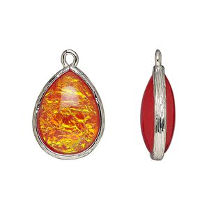 Drop, Opalized Ice™, "opal" (resin) and imitation rhodium-finished brass, opaque orange, 19.5x15mm double-sided teardrop. Sold per pkg of 4.