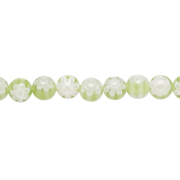 Bead, millefiori glass 1pkg1, translucent light spring green and white, 6mm round, 15 inches. image number 0
