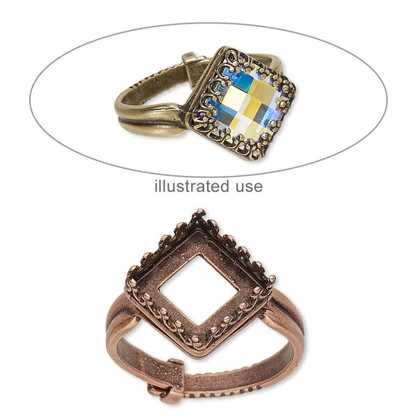 Ring, JBB Findings, antique copper-plated brass, 15.5mm wide with decorative trim and 10x10mm square bezel setting, adjustable from size 6-9. Sold individually. image number 0