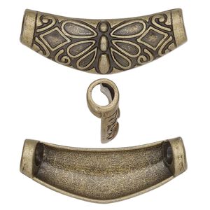 Slide, antique brass-finished "pewter" (zinc-based alloy), 39x16mm single-sided curved tube with butterfly design. Sold per pkg of 2.
