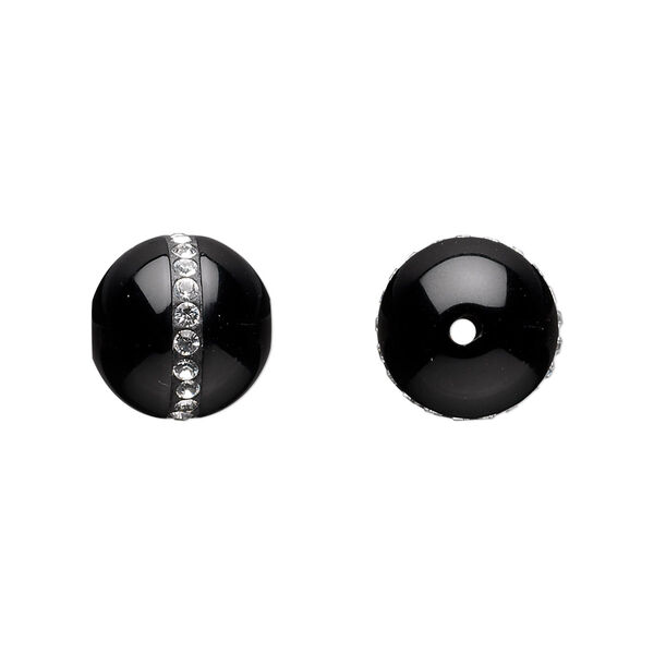 Bead, black onyx (dyed) and crystals, crystal clear, 12mm round with 2mm chatons, B grade, Mohs hardness 6-1/2 to 7. Sold individually. image number 0