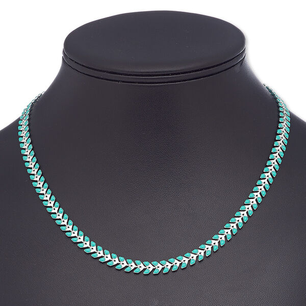 Necklace, epoxy and silver-plated brass, turquoise green, 6.5mm wide with wreath design, 18 inches with 2-inch extender chain and lobster claw clasp. Sold individually. image number 0