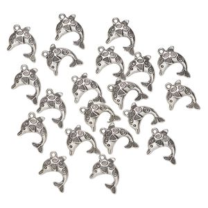 Charm, "pewter" (zinc-based alloy), pkg/20, 27x22mm single-sided dolphin with swirl, antique silver finish.