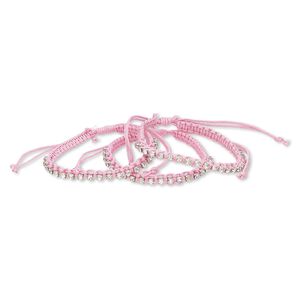Bracelet, glass rhinestone / waxed cotton cord / silver-plated brass, pink and clear, 6mm wide with cupchain, adjustable from 6-1/2 to 9-1/2 inches with wrapped knot closure. Sold per pkg of 3.