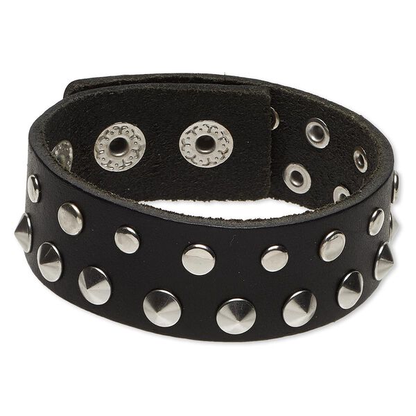 Bracelet, leather (dyed) with imitation rhodium-plated steel and "pewter" (zinc-based alloy), black, 22mm wide with round studs, adjustable from 5-1/2 to 6-1/2 inches with snap closure. Sold individually. image number 0